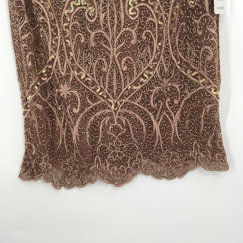 Pisarro Nights Beaded Sequin Embroidered Cocktail Dress Long Sleeve Tan Size 8 - Picture 6 of 12
